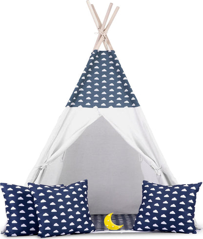 Cort de Joaca cu Lumini idealStore TIPI, model Tipi, Bumbac Natural, cu Perne, Covoras Izolator, Structura Stabila, Pereti Glisanti, Husa de Depozitare, culoare Albastru Alb