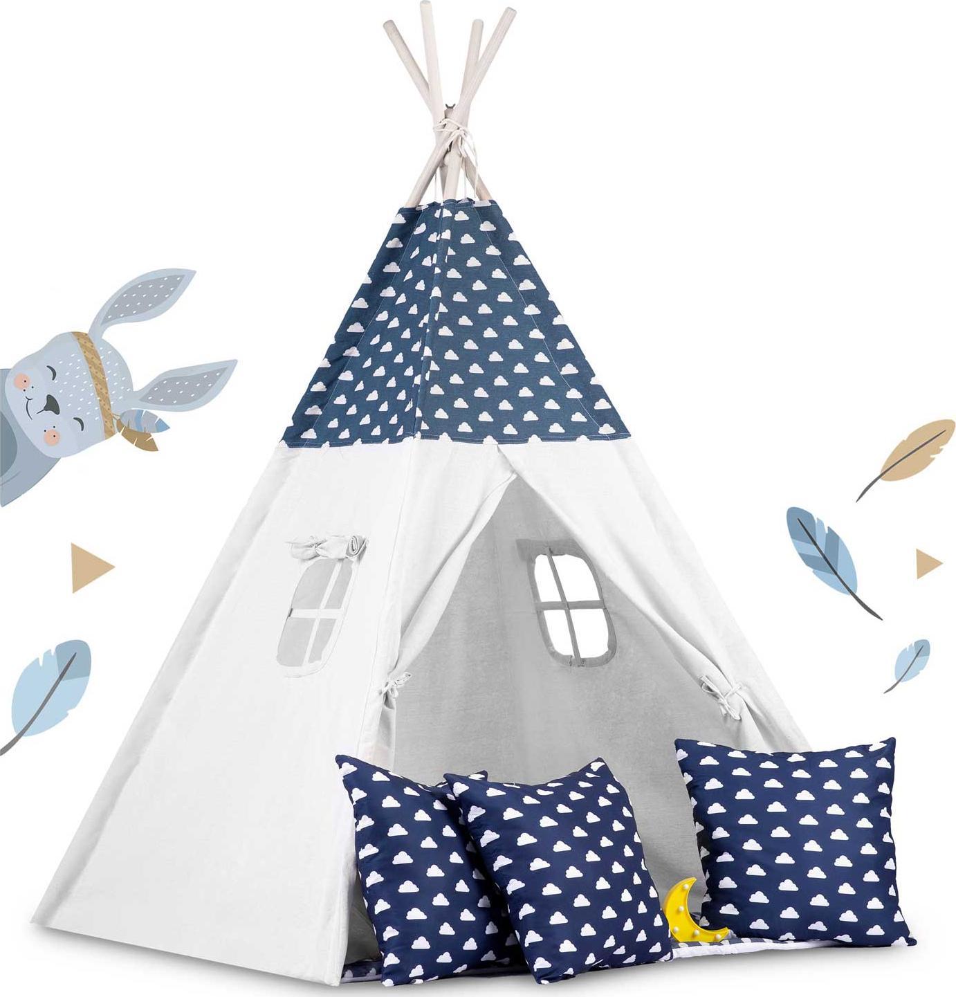 Cort de Joaca cu Lumini idealStore TIPI, model Tipi, Bumbac Natural, cu Perne, Covoras Izolator, Structura Stabila, Pereti Glisanti, Husa de Depozitare, culoare Albastru Alb