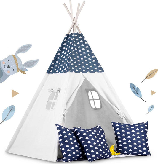 Cort de Joaca cu Lumini idealStore TIPI, model Tipi, Bumbac Natural, cu Perne, Covoras Izolator, Structura Stabila, Pereti Glisanti, Husa de Depozitare, culoare Albastru Alb