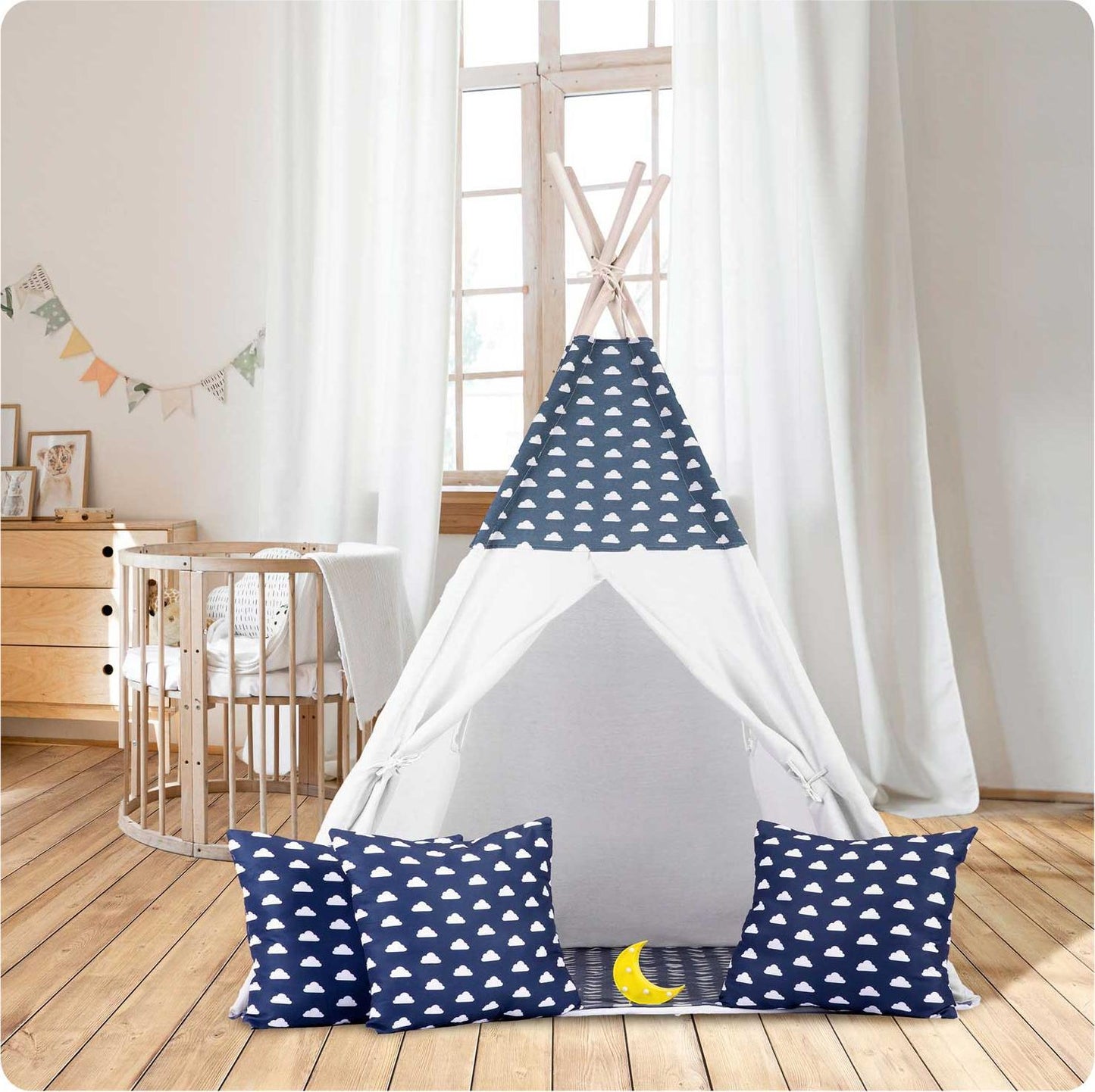 Cort de Joaca cu Lumini idealStore TIPI, model Tipi, Bumbac Natural, cu Perne, Covoras Izolator, Structura Stabila, Pereti Glisanti, Husa de Depozitare, culoare Albastru Alb