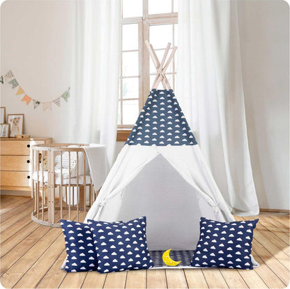 Cort de Joaca cu Lumini idealStore TIPI, model Tipi, Bumbac Natural, cu Perne, Covoras Izolator, Structura Stabila, Pereti Glisanti, Husa de Depozitare, culoare Albastru Alb