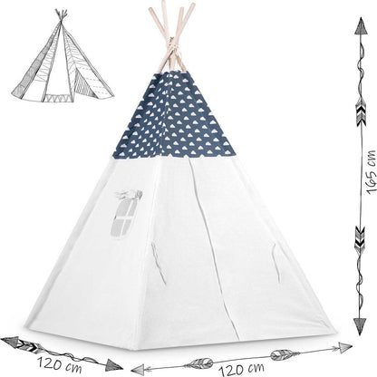 Cort de Joaca cu Lumini idealStore TIPI, model Tipi, Bumbac Natural, cu Perne, Covoras Izolator, Structura Stabila, Pereti Glisanti, Husa de Depozitare, culoare Albastru Alb