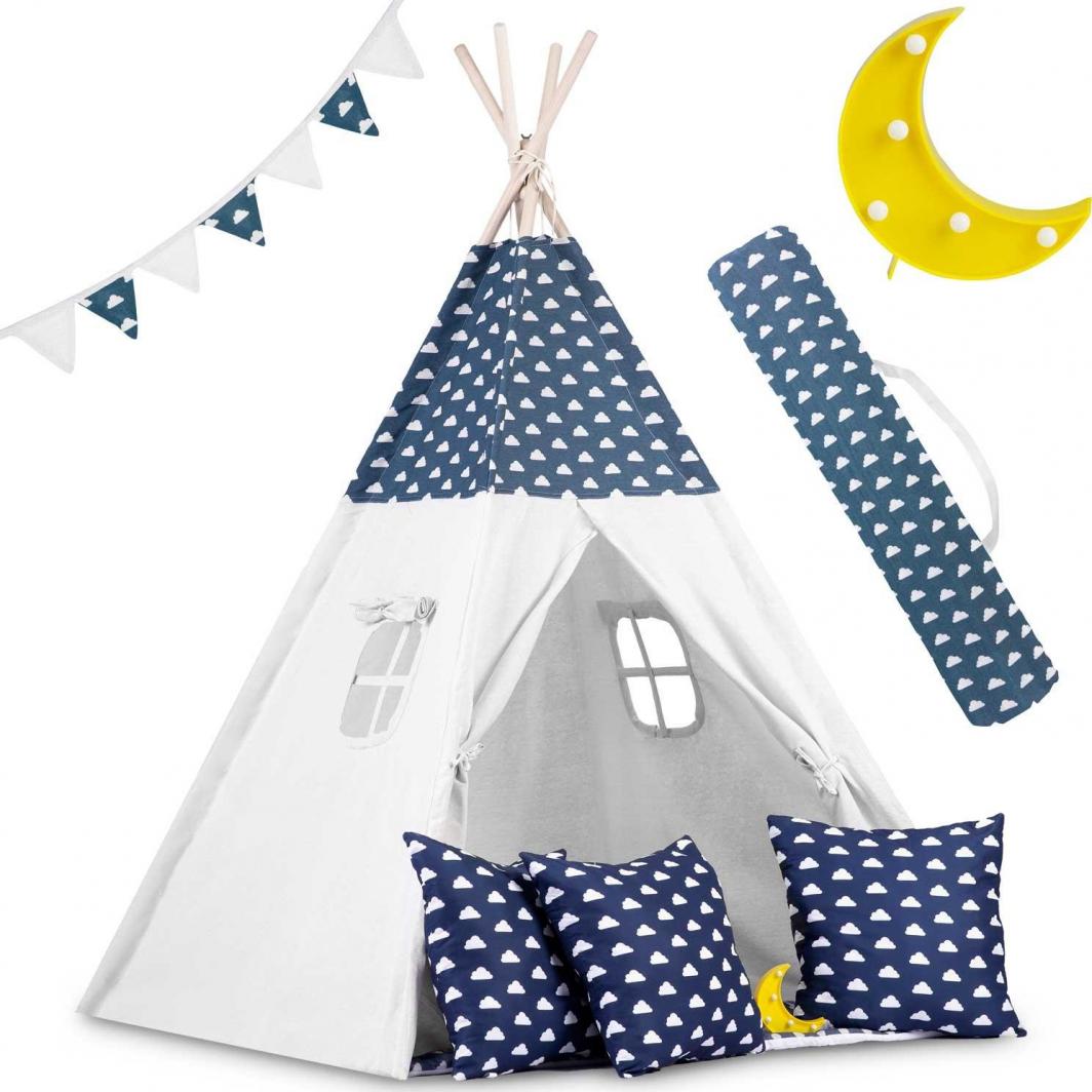 Cort de Joaca cu Lumini idealStore TIPI, model Tipi, Bumbac Natural, cu Perne, Covoras Izolator, Structura Stabila, Pereti Glisanti, Husa de Depozitare, culoare Albastru Alb
