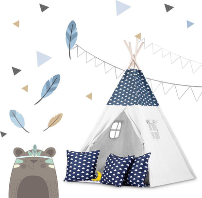 Cort de Joaca cu Lumini idealStore TIPI, model Tipi, Bumbac Natural, cu Perne, Covoras Izolator, Structura Stabila, Pereti Glisanti, Husa de Depozitare, culoare Albastru Alb