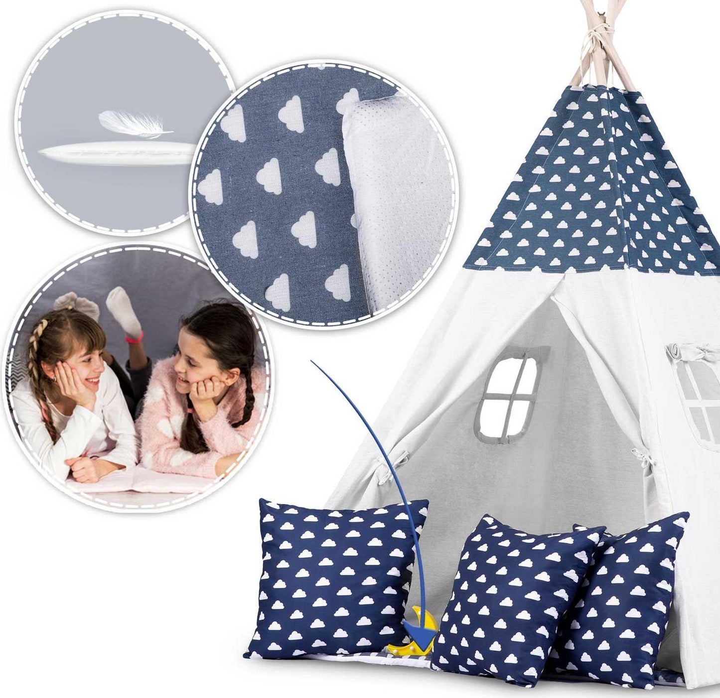 Cort de Joaca cu Lumini idealStore TIPI, model Tipi, Bumbac Natural, cu Perne, Covoras Izolator, Structura Stabila, Pereti Glisanti, Husa de Depozitare, culoare Albastru Alb