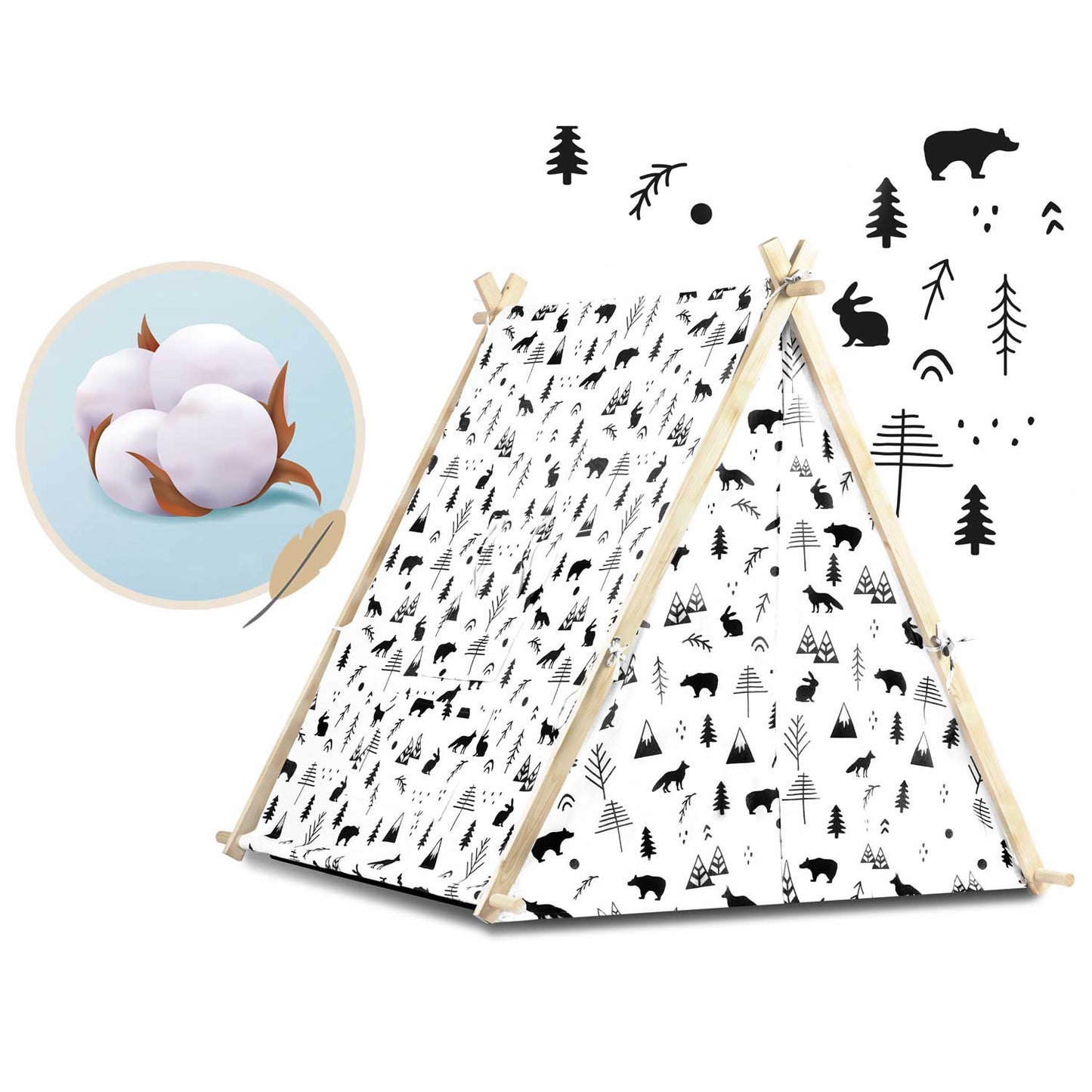 Cort de Joaca cu Lumini idealStore TIPI, model Tipi, Bumbac Natural, cu Perne, Covoras Izolator, Structura Stabila, Pereti Glisanti, Husa de Depozitare, Desen Animalute
