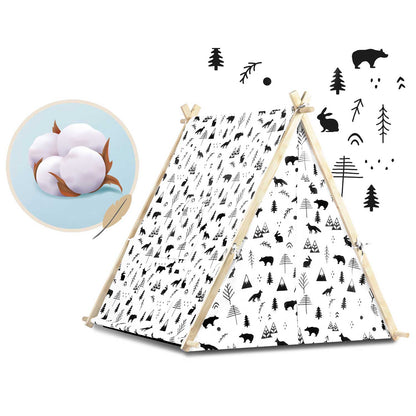 Cort de Joaca cu Lumini idealStore TIPI, model Tipi, Bumbac Natural, cu Perne, Covoras Izolator, Structura Stabila, Pereti Glisanti, Husa de Depozitare, Desen Animalute
