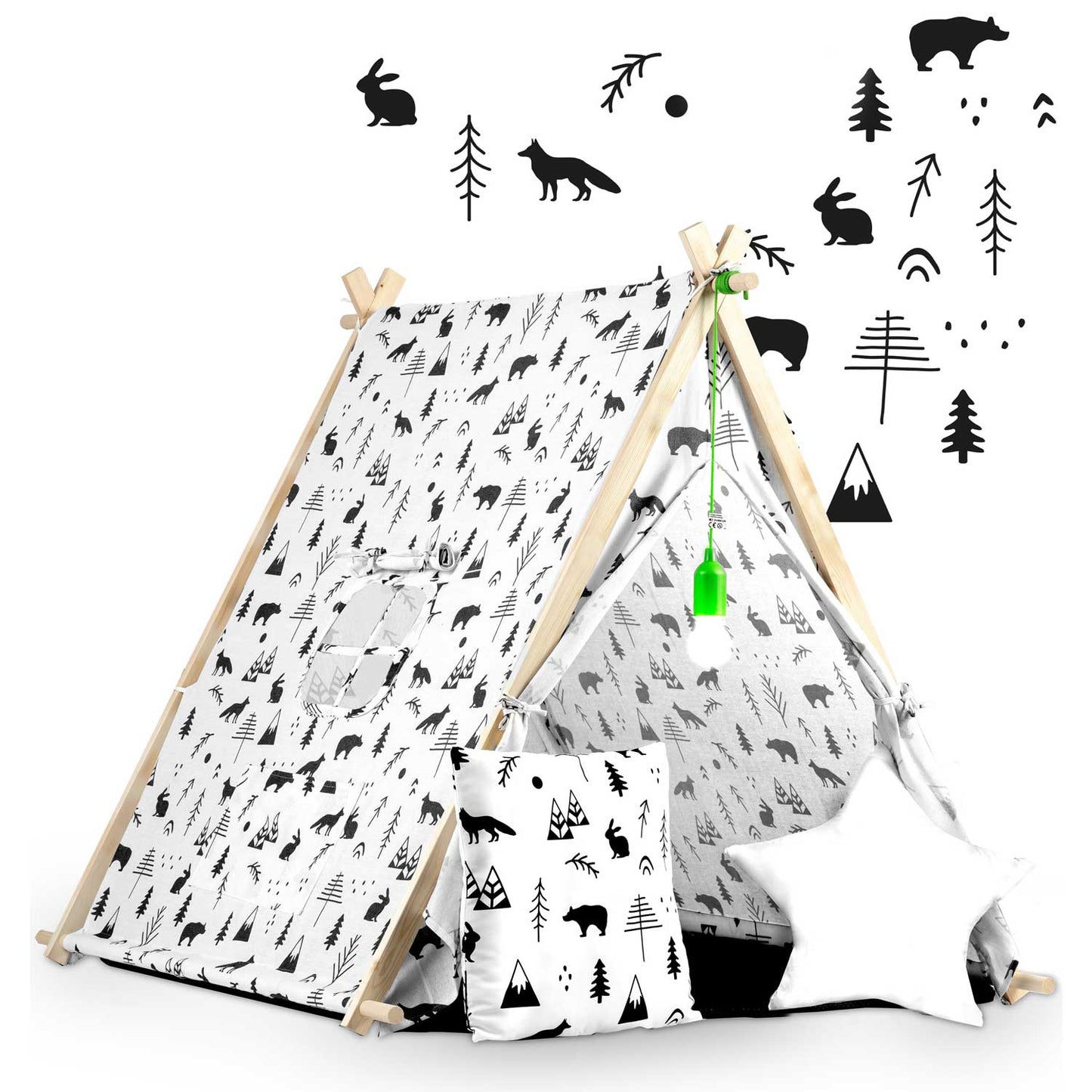 Cort de Joaca cu Lumini idealStore TIPI, model Tipi, Bumbac Natural, cu Perne, Covoras Izolator, Structura Stabila, Pereti Glisanti, Husa de Depozitare, Desen Animalute