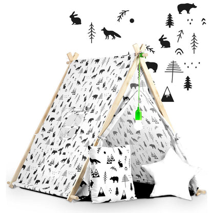 Cort de Joaca cu Lumini idealStore TIPI, model Tipi, Bumbac Natural, cu Perne, Covoras Izolator, Structura Stabila, Pereti Glisanti, Husa de Depozitare, Desen Animalute