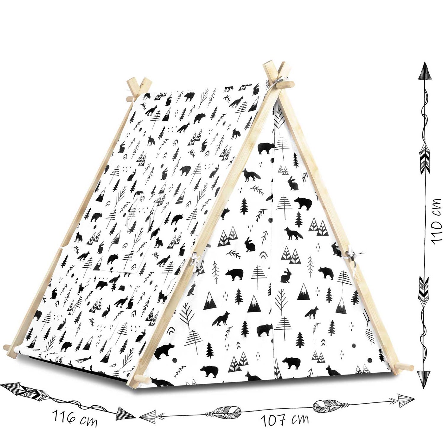 Cort de Joaca cu Lumini idealStore TIPI, model Tipi, Bumbac Natural, cu Perne, Covoras Izolator, Structura Stabila, Pereti Glisanti, Husa de Depozitare, Desen Animalute