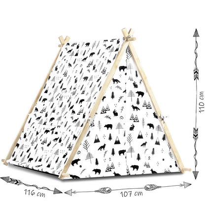 Cort de Joaca cu Lumini idealStore TIPI, model Tipi, Bumbac Natural, cu Perne, Covoras Izolator, Structura Stabila, Pereti Glisanti, Husa de Depozitare, Desen Animalute