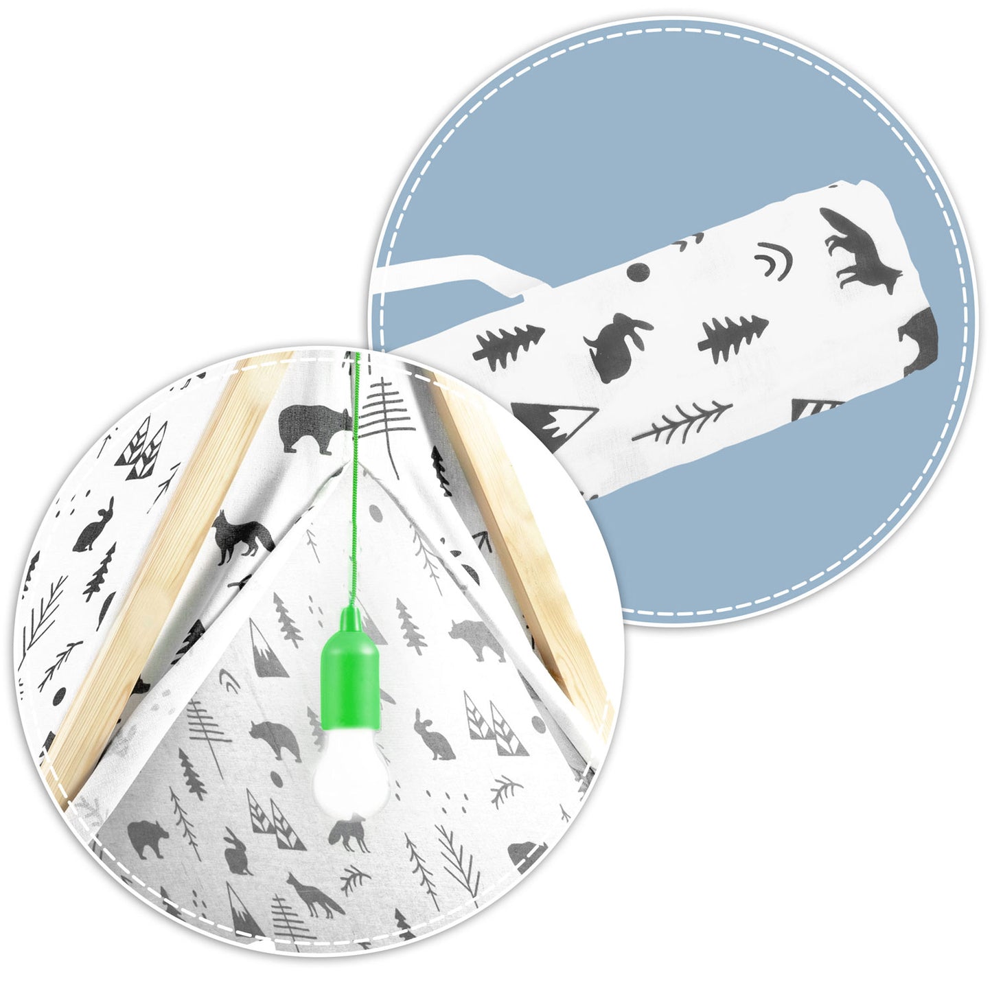 Cort de Joaca cu Lumini idealStore TIPI, model Tipi, Bumbac Natural, cu Perne, Covoras Izolator, Structura Stabila, Pereti Glisanti, Husa de Depozitare, Desen Animalute