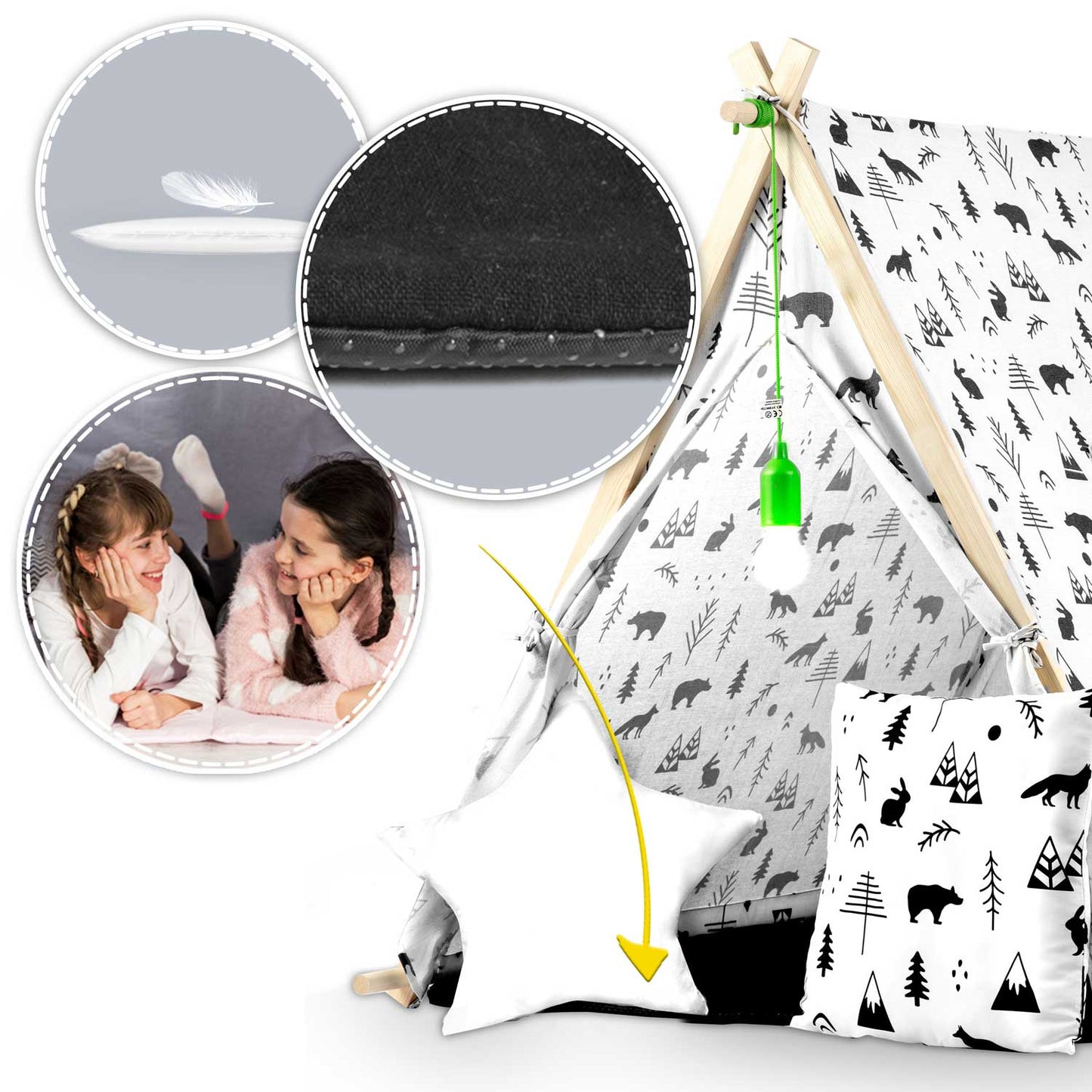 Cort de Joaca cu Lumini idealStore TIPI, model Tipi, Bumbac Natural, cu Perne, Covoras Izolator, Structura Stabila, Pereti Glisanti, Husa de Depozitare, Desen Animalute