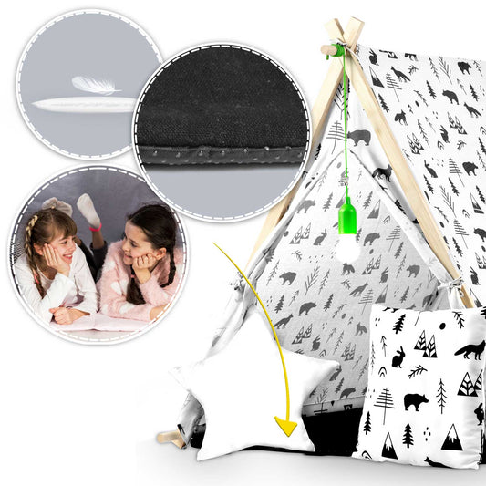Cort de Joaca cu Lumini idealStore TIPI, model Tipi, Bumbac Natural, cu Perne, Covoras Izolator, Structura Stabila, Pereti Glisanti, Husa de Depozitare, Desen Animalute