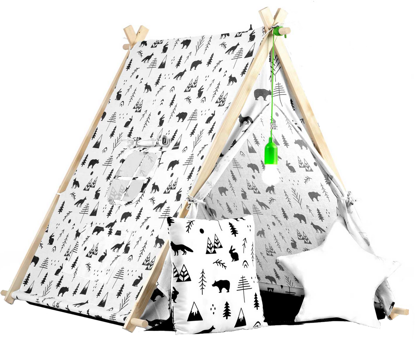 Cort de Joaca cu Lumini idealStore TIPI, model Tipi, Bumbac Natural, cu Perne, Covoras Izolator, Structura Stabila, Pereti Glisanti, Husa de Depozitare, Desen Animalute