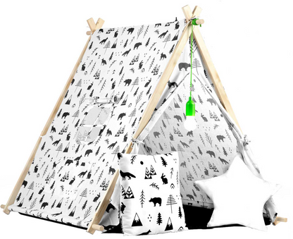 Cort de Joaca cu Lumini idealStore TIPI, model Tipi, Bumbac Natural, cu Perne, Covoras Izolator, Structura Stabila, Pereti Glisanti, Husa de Depozitare, Desen Animalute