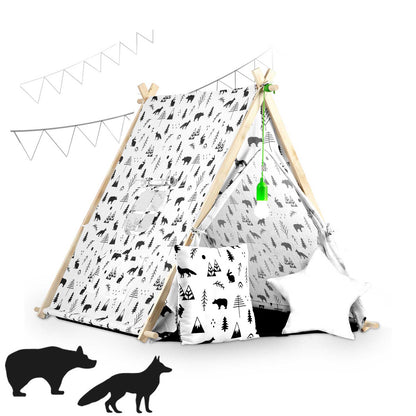 Cort de Joaca cu Lumini idealStore TIPI, model Tipi, Bumbac Natural, cu Perne, Covoras Izolator, Structura Stabila, Pereti Glisanti, Husa de Depozitare, Desen Animalute