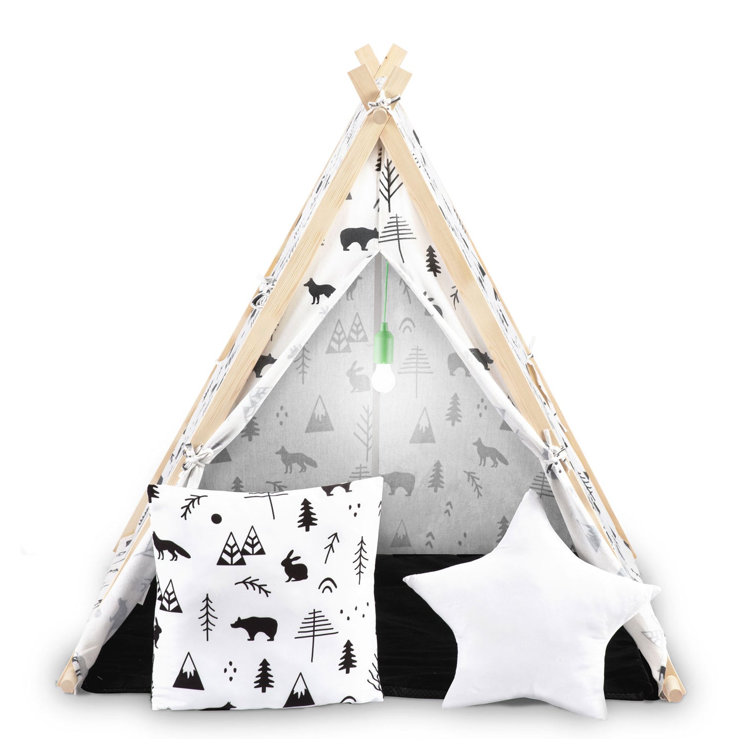 Cort de Joaca cu Lumini idealStore TIPI, model Tipi, Bumbac Natural, cu Perne, Covoras Izolator, Structura Stabila, Pereti Glisanti, Husa de Depozitare, Desen Animalute