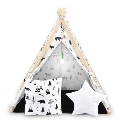 Cort de Joaca cu Lumini idealStore TIPI, model Tipi, Bumbac Natural, cu Perne, Covoras Izolator, Structura Stabila, Pereti Glisanti, Husa de Depozitare, Desen Animalute