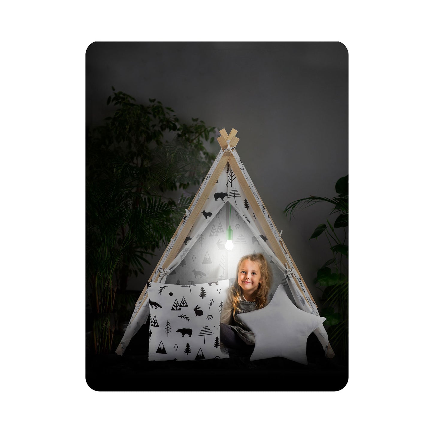 Cort de Joaca cu Lumini idealStore TIPI, model Tipi, Bumbac Natural, cu Perne, Covoras Izolator, Structura Stabila, Pereti Glisanti, Husa de Depozitare, Desen Animalute