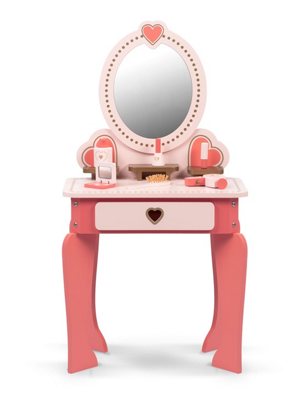 Set masa MAKE UP IdealStore din lemn cu Oglinda si Scaun, Sertar, cu accesorii pentru par si machiaj, Dimensiune- 49 x 34 x 97 cm, Lemn roz