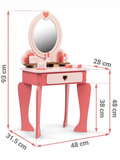 Set masa MAKE UP IdealStore din lemn cu Oglinda si Scaun, Sertar, cu accesorii pentru par si machiaj, Dimensiune- 49 x 34 x 97 cm, Lemn roz