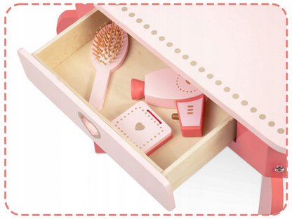 Set masa MAKE UP IdealStore din lemn cu Oglinda si Scaun, Sertar, cu accesorii pentru par si machiaj, Dimensiune- 49 x 34 x 97 cm, Lemn roz