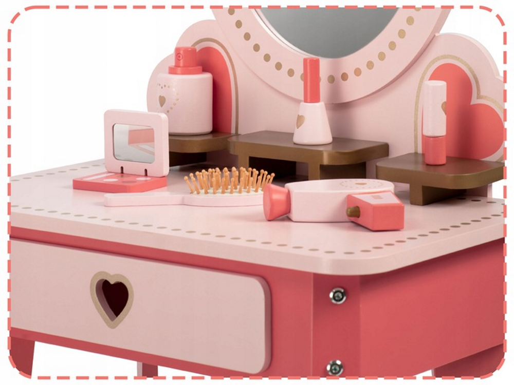 Set masa MAKE UP IdealStore din lemn cu Oglinda si Scaun, Sertar, cu accesorii pentru par si machiaj, Dimensiune- 49 x 34 x 97 cm, Lemn roz