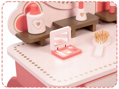 Set masa MAKE UP IdealStore din lemn cu Oglinda si Scaun, Sertar, cu accesorii pentru par si machiaj, Dimensiune- 49 x 34 x 97 cm, Lemn roz
