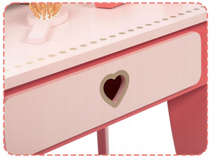 Set masa MAKE UP IdealStore din lemn cu Oglinda si Scaun, Sertar, cu accesorii pentru par si machiaj, Dimensiune- 49 x 34 x 97 cm, Lemn roz