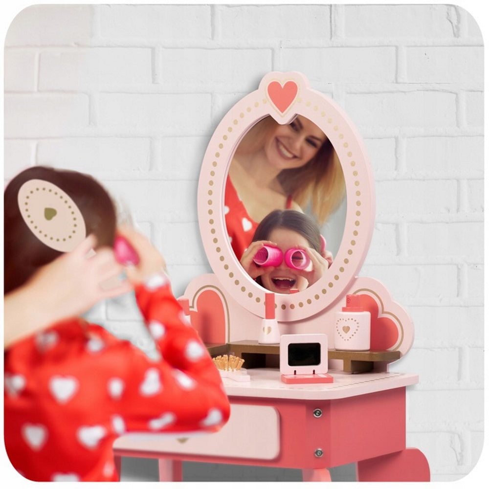 Set masa MAKE UP IdealStore din lemn cu Oglinda si Scaun, Sertar, cu accesorii pentru par si machiaj, Dimensiune- 49 x 34 x 97 cm, Lemn roz