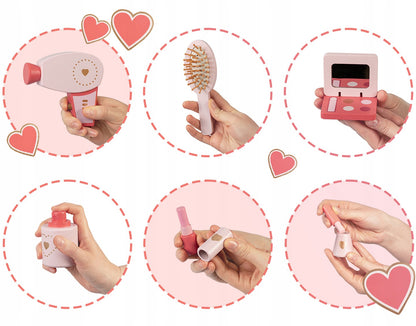 Set masa MAKE UP IdealStore din lemn cu Oglinda si Scaun, Sertar, cu accesorii pentru par si machiaj, Dimensiune- 49 x 34 x 97 cm, Lemn roz