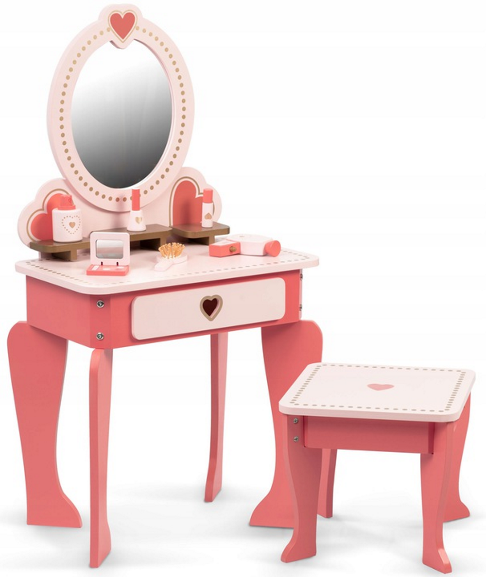 Set masa MAKE UP IdealStore din lemn cu Oglinda si Scaun, Sertar, cu accesorii pentru par si machiaj, Dimensiune- 49 x 34 x 97 cm, Lemn roz