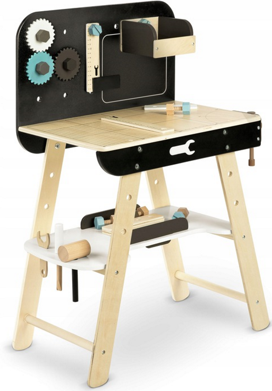Banc de Lucru din Lemn Pentru Copii Work Bench Smart idealSTORE Dotat cu Rafturi si un Set de Unelte Asemanatoare cu cele reale Ciocan, Cheie, Surubelnita, Rigla, Suruburi, Masa Echipata cu Menghina, Dezvolta Abilitatile Motorii Fine
