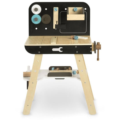 Banc de Lucru din Lemn Pentru Copii Work Bench Smart idealSTORE Dotat cu Rafturi si un Set de Unelte Asemanatoare cu cele reale Ciocan, Cheie, Surubelnita, Rigla, Suruburi, Masa Echipata cu Menghina, Dezvolta Abilitatile Motorii Fine