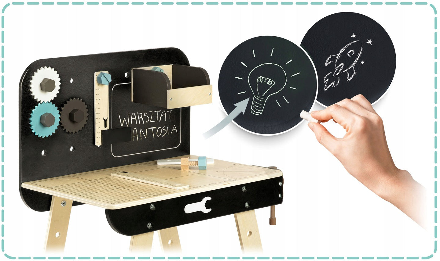 Banc de Lucru din Lemn Pentru Copii Work Bench Smart idealSTORE Dotat cu Rafturi si un Set de Unelte Asemanatoare cu cele reale Ciocan, Cheie, Surubelnita, Rigla, Suruburi, Masa Echipata cu Menghina, Dezvolta Abilitatile Motorii Fine