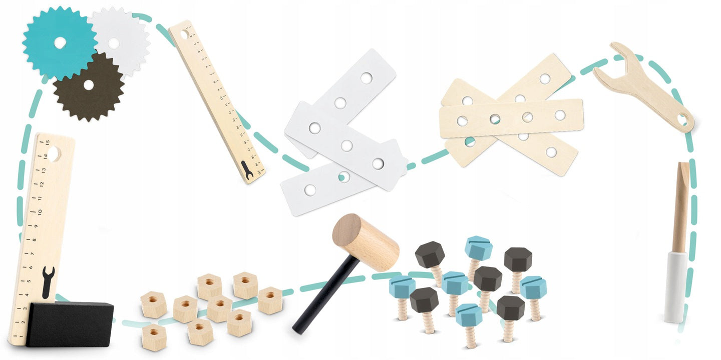 Banc de Lucru din Lemn Pentru Copii Work Bench Smart idealSTORE Dotat cu Rafturi si un Set de Unelte Asemanatoare cu cele reale Ciocan, Cheie, Surubelnita, Rigla, Suruburi, Masa Echipata cu Menghina, Dezvolta Abilitatile Motorii Fine