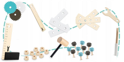 Banc de Lucru din Lemn Pentru Copii Work Bench Smart idealSTORE Dotat cu Rafturi si un Set de Unelte Asemanatoare cu cele reale Ciocan, Cheie, Surubelnita, Rigla, Suruburi, Masa Echipata cu Menghina, Dezvolta Abilitatile Motorii Fine