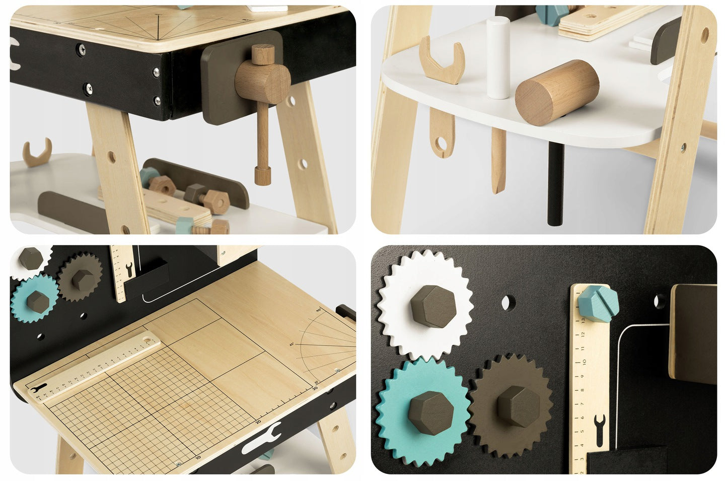 Banc de Lucru din Lemn Pentru Copii Work Bench Smart idealSTORE Dotat cu Rafturi si un Set de Unelte Asemanatoare cu cele reale Ciocan, Cheie, Surubelnita, Rigla, Suruburi, Masa Echipata cu Menghina, Dezvolta Abilitatile Motorii Fine