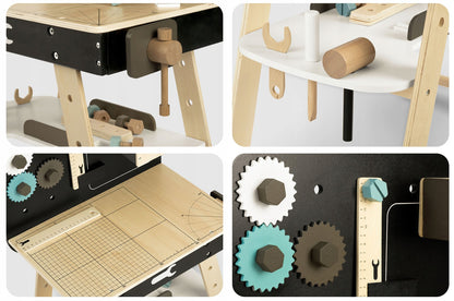 Banc de Lucru din Lemn Pentru Copii Work Bench Smart idealSTORE Dotat cu Rafturi si un Set de Unelte Asemanatoare cu cele reale Ciocan, Cheie, Surubelnita, Rigla, Suruburi, Masa Echipata cu Menghina, Dezvolta Abilitatile Motorii Fine