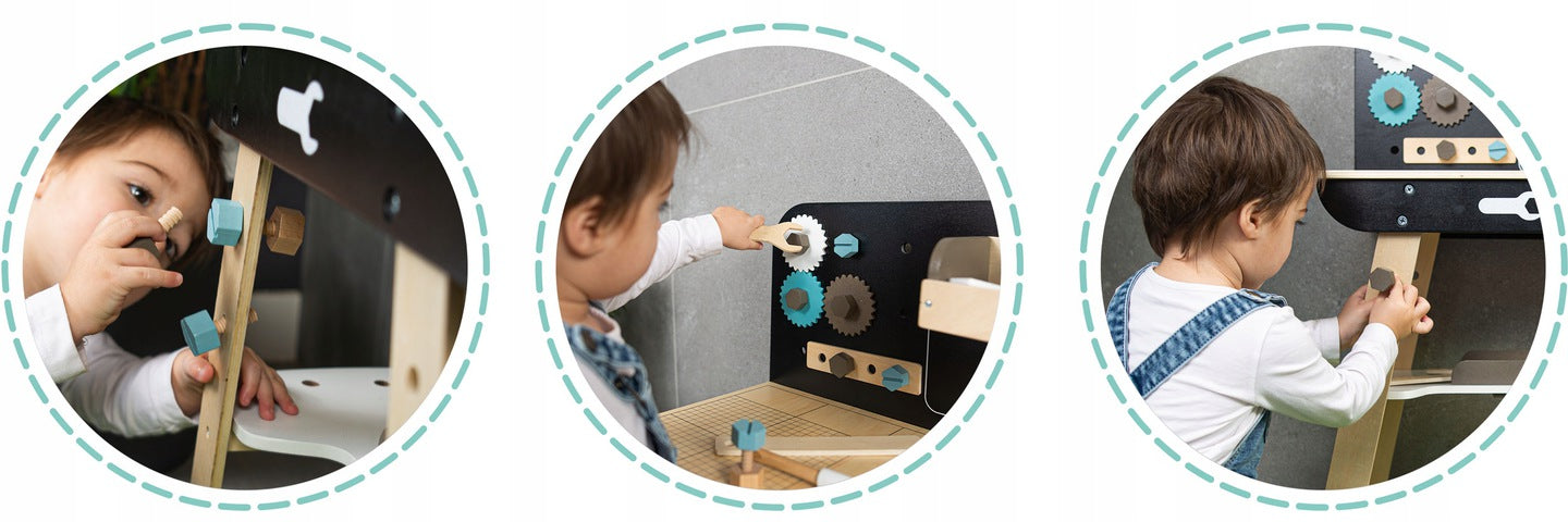 Banc de Lucru din Lemn Pentru Copii Work Bench Smart idealSTORE Dotat cu Rafturi si un Set de Unelte Asemanatoare cu cele reale Ciocan, Cheie, Surubelnita, Rigla, Suruburi, Masa Echipata cu Menghina, Dezvolta Abilitatile Motorii Fine