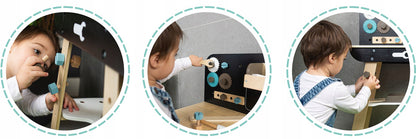 Banc de Lucru din Lemn Pentru Copii Work Bench Smart idealSTORE Dotat cu Rafturi si un Set de Unelte Asemanatoare cu cele reale Ciocan, Cheie, Surubelnita, Rigla, Suruburi, Masa Echipata cu Menghina, Dezvolta Abilitatile Motorii Fine