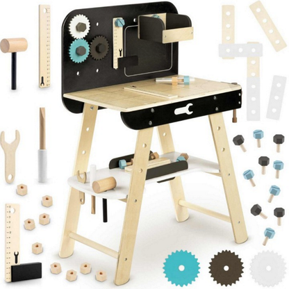 Banc de Lucru din Lemn Pentru Copii Work Bench Smart idealSTORE Dotat cu Rafturi si un Set de Unelte Asemanatoare cu cele reale Ciocan, Cheie, Surubelnita, Rigla, Suruburi, Masa Echipata cu Menghina, Dezvolta Abilitatile Motorii Fine
