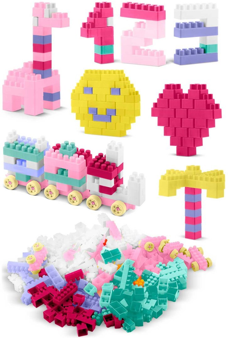 Set de Constructie idealSTORE PastelFun, 300 Piese in Culori Pastelate, Fara Margini Ascutite, Creativ, Dezvolta Abilitatile Motorii, Posibilitati de Constructie Nelimitate