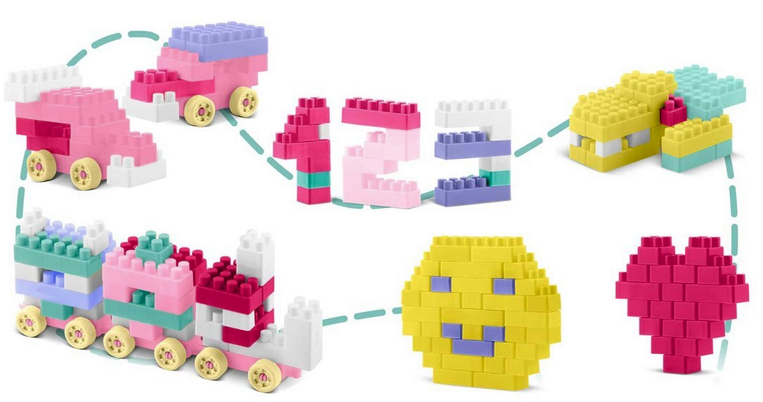 Set de Constructie idealSTORE PastelFun, 300 Piese in Culori Pastelate, Fara Margini Ascutite, Creativ, Dezvolta Abilitatile Motorii, Posibilitati de Constructie Nelimitate