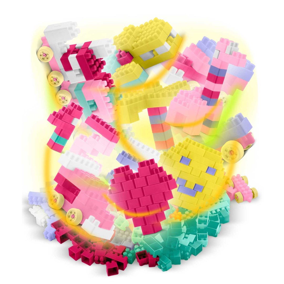 Set de Constructie idealSTORE PastelFun, 300 Piese in Culori Pastelate, Fara Margini Ascutite, Creativ, Dezvolta Abilitatile Motorii, Posibilitati de Constructie Nelimitate
