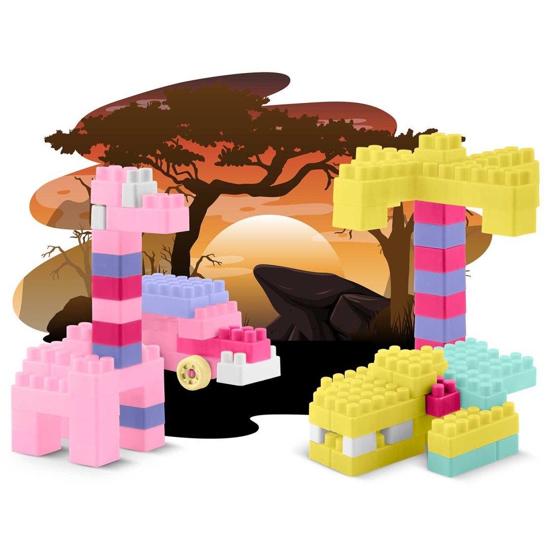 Set de Constructie idealSTORE PastelFun, 300 Piese in Culori Pastelate, Fara Margini Ascutite, Creativ, Dezvolta Abilitatile Motorii, Posibilitati de Constructie Nelimitate