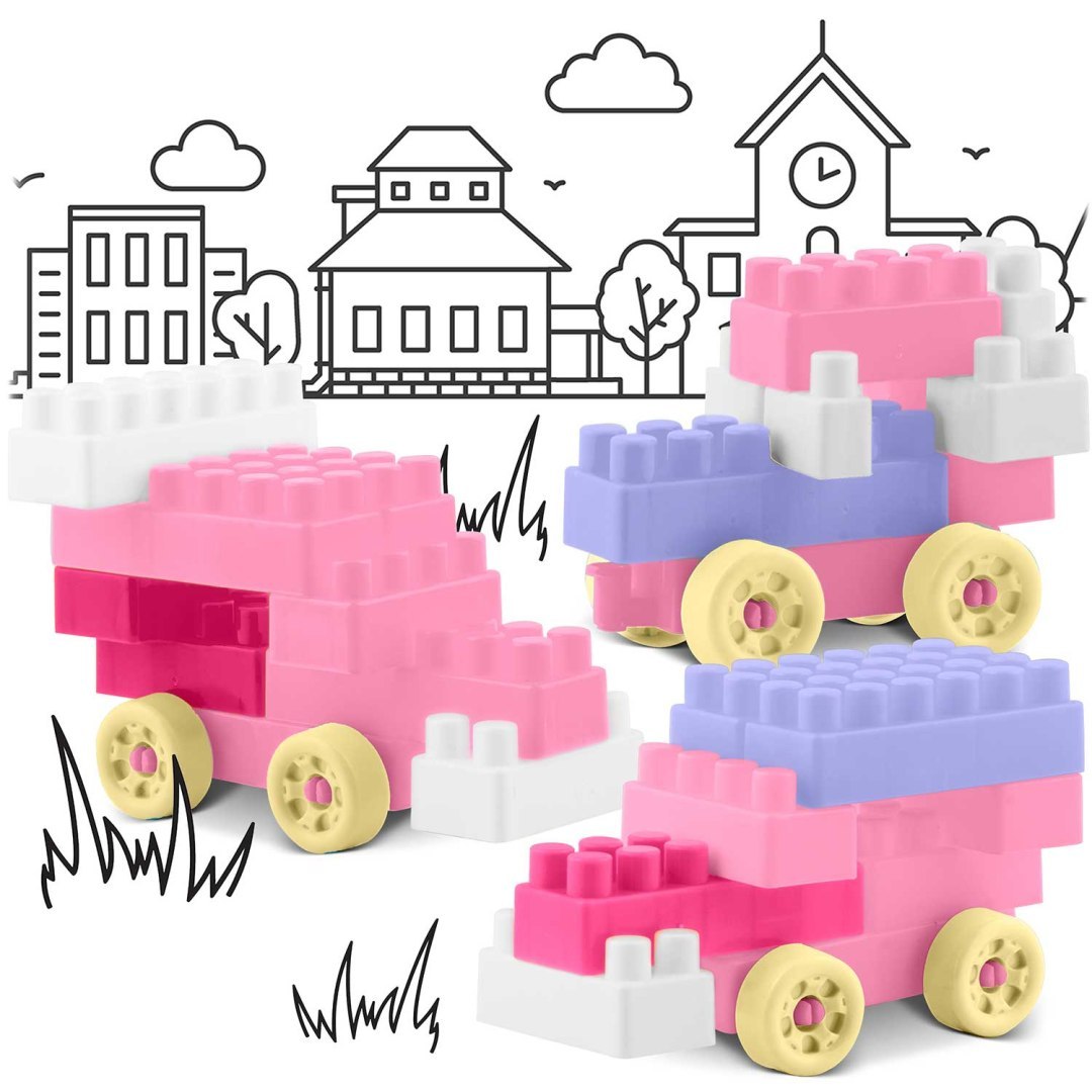 Set de Constructie idealSTORE PastelFun, 300 Piese in Culori Pastelate, Fara Margini Ascutite, Creativ, Dezvolta Abilitatile Motorii, Posibilitati de Constructie Nelimitate