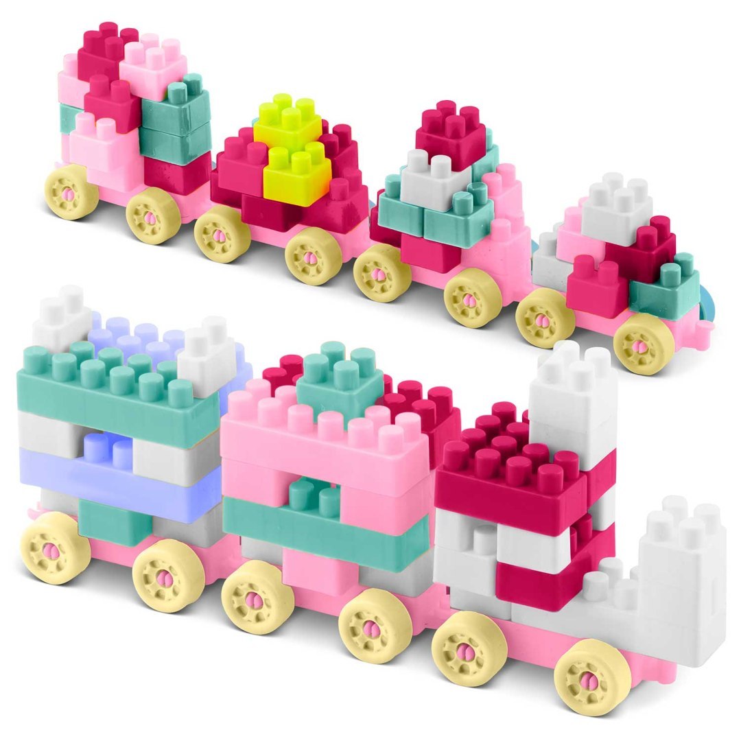 Set de Constructie idealSTORE PastelFun, 300 Piese in Culori Pastelate, Fara Margini Ascutite, Creativ, Dezvolta Abilitatile Motorii, Posibilitati de Constructie Nelimitate