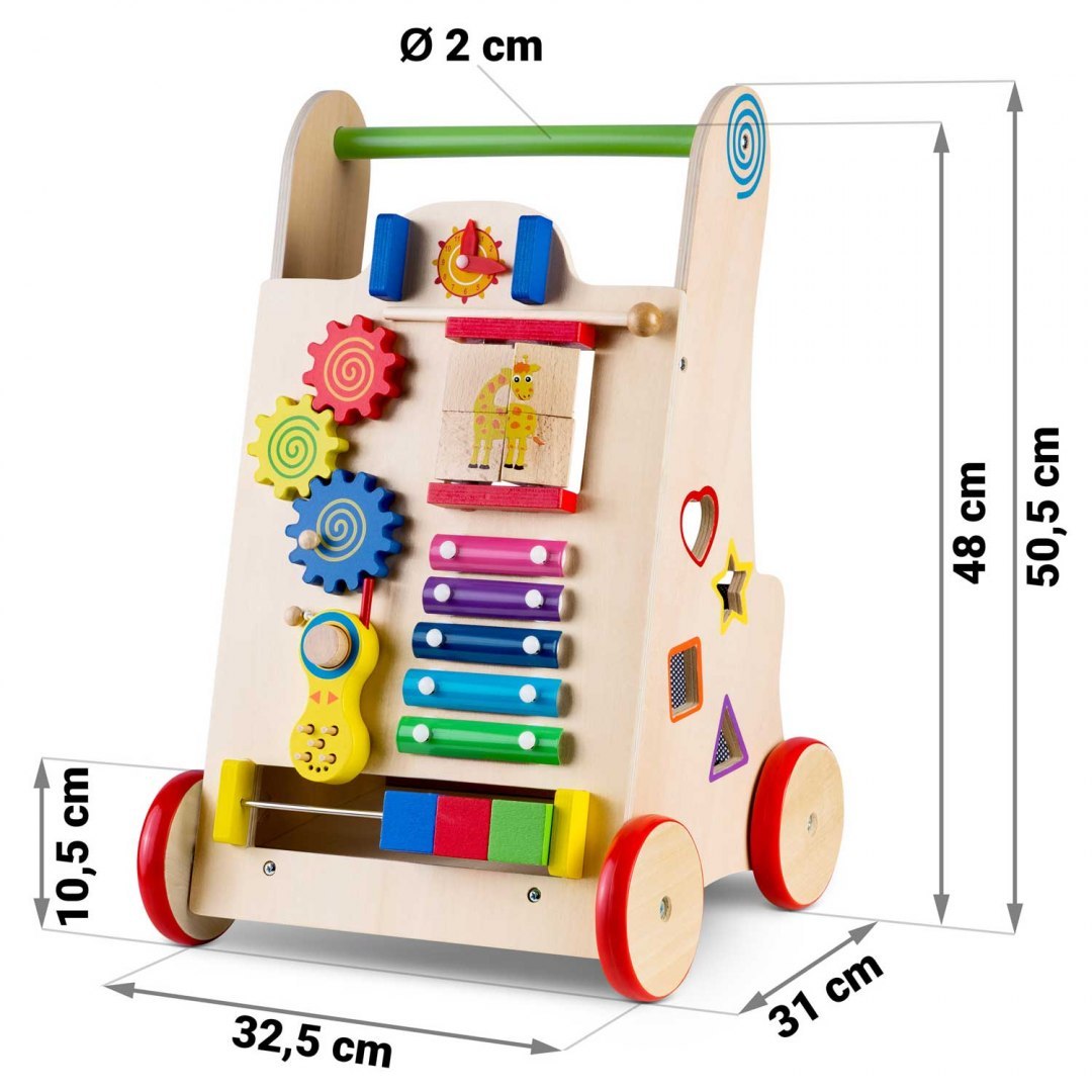 Antemergator Interactiv 2 in 1 Puzzle Animal World idealSTORE, Solid si durabil, Lemn natural, Roti anti-alunecare, Cos pentru jucarii, Margini rotunde, Numeroase activitati educative, Coordoneaza miscarea si dezvolta simturile